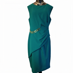 Sandra Darren Green Short Sleeved Dress with Gold Detail and Ruching